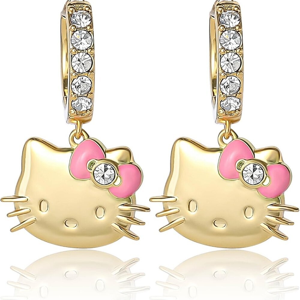 Hello Kitty Earrings Gold Plated Brass Pave Crystals Hoop Dangle For Women